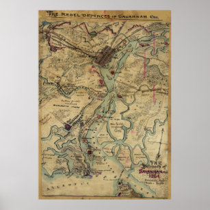 Vintage Savannah Georgia Civil War Map (1864) Poster