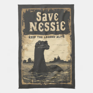 Vintage Save Nessie Loch Ness Monster Tea Towel
