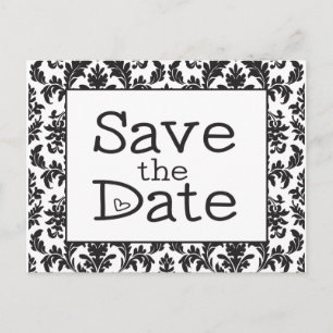 Vintage Save the Date Black, White Damask Wedding Announcement Postcard