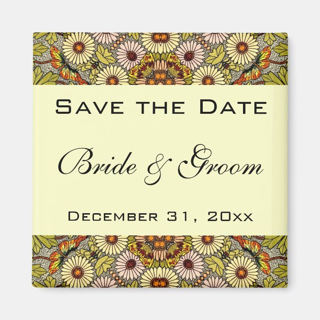 Vintage Save the Date Garden Flowers Butterflies Magnet (Front)