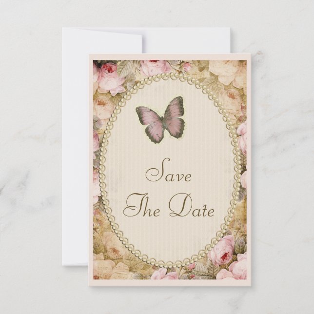 Vintage Save The Date Wedding Roses & Butterfly Invitation (Front)