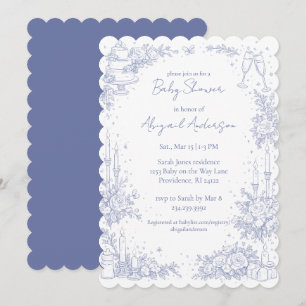 Vintage Scalloped Blue & White Baby Shower  Invitation
