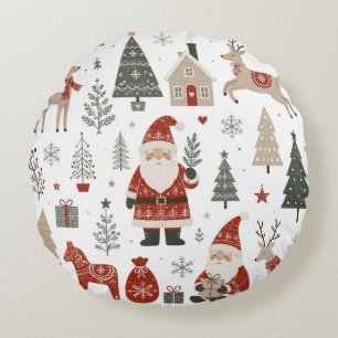Vintage Scandinavian Christmas Santa Reindeer Round Cushion