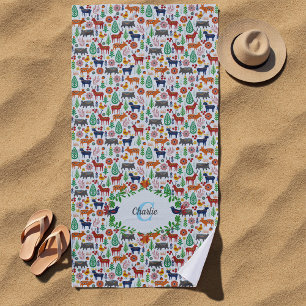 Vintage Scandinavian Folk Art Monogram Pattern Beach Towel