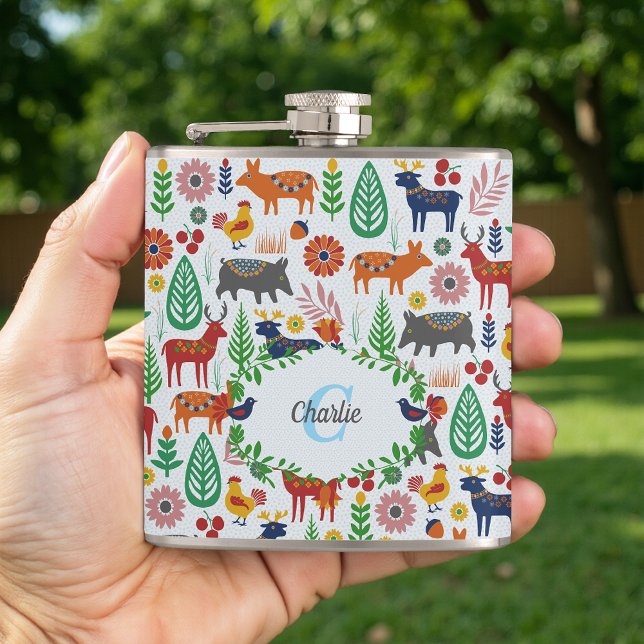 Vintage Scandinavian Folk Art Monogram Pattern Hip Flask (Creator Uploaded)