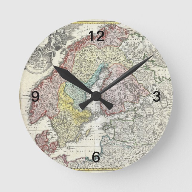 Vintage Scandinavian Map Round Clock (Front)