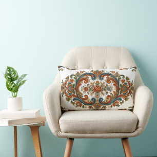 Vintage Scandinavian Rosemaling Floral Pattern Lumbar Cushion