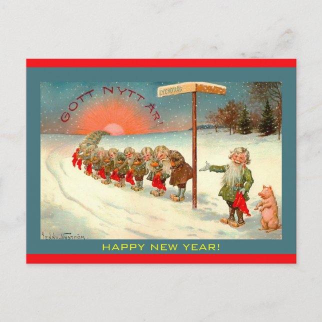 Vintage Scandinavian Tomte Happy New Year Image Postcard (Front)