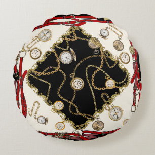 Vintage Scarf: Chain Clock Pattern Round Cushion
