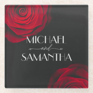 Vintage scarlet red rose petal flower wedding glass coaster