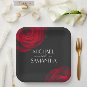 Vintage scarlet red rose petal flower wedding paper plate