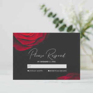 Vintage scarlet red rose petal flower wedding RSVP card