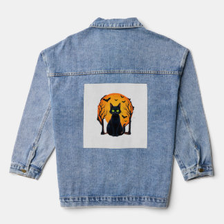 Vintage Scary Christmas Cat Costume Retro Cat Moon Denim Jacket
