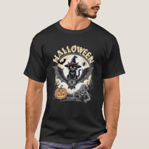 Vintage Scary Halloween Black Cat Witch Hat and Mo T-Shirt