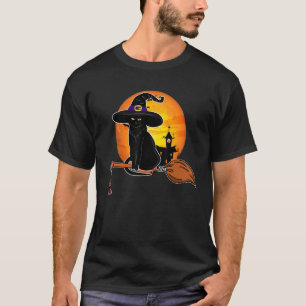 Vintage Scary Halloween Black Cat Witch Hat Cat Ow T-Shirt