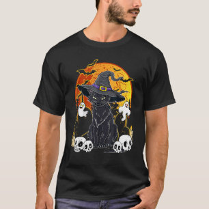 Vintage Scary Halloween Black Cat Witch Hat T-Shirt