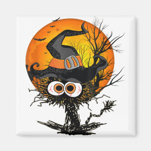 Vintage Scary Halloween Black Cat with Witch Hat & Magnet