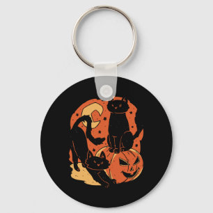 Vintage Scary Halloween Black Cats And Pumpkin Key Ring