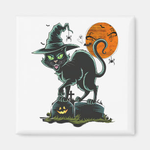 Vintage Scary Halloween Black Green-eyed Cat Witch Magnet