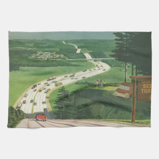 Vintage Scenic American Highways, Cars Road Trip Tea Towel