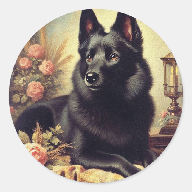 Vintage Schipperke Dog Painting Classic Round Sticker (Front)