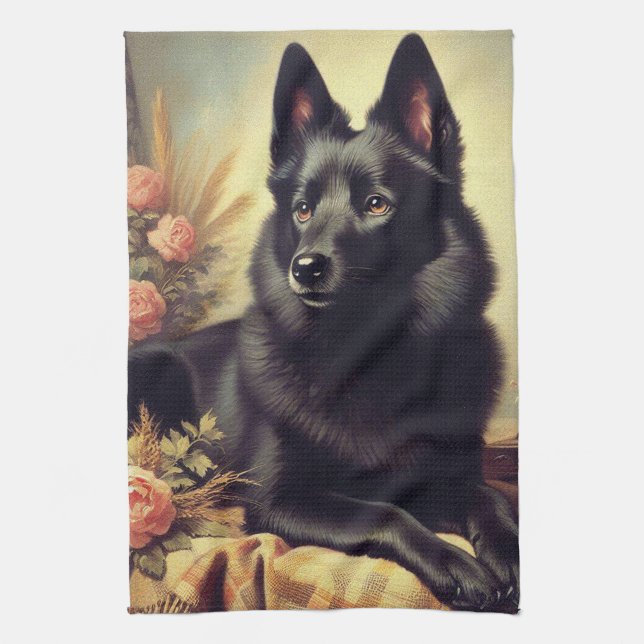 Vintage Schipperke Dog Painting Tea Towel (Vertical)