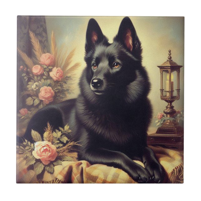 Vintage Schipperke Dog Painting Tile (Front)