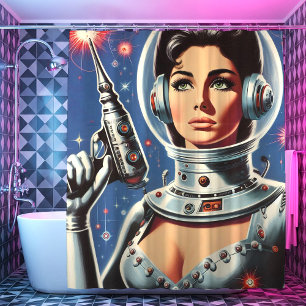 Vintage Sci-fi Astronaut Girl Shower Curtain