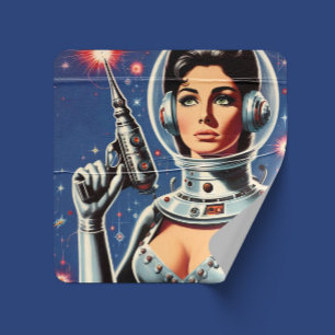 Vintage Sci-fi Astronaut Girl Square Sticker
