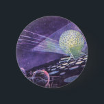 Vintage Science Fiction, a Glowing Orb with Aliens 6 Cm Round Badge<br><div class="desc">Vintage illustration futuristic planets and outer space science fiction image set in the future. A classic 50s retro sci fi comic book design featuring a glowing orb with lights circling on a foreign planet and aliens in pod vehicles driving towards it.</div>