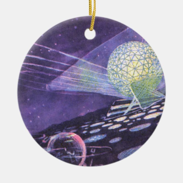Vintage Science Fiction, a Glowing Orb with Aliens Ceramic Tree Decoration (Front)