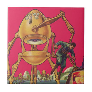 Vintage Science Fiction Alien Robot Captures Man Tile