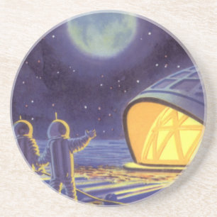 Vintage Science Fiction Aliens on Blue Planet Moon Coaster