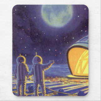 Vintage Science Fiction Aliens on Blue Planet Moon Mouse Pad