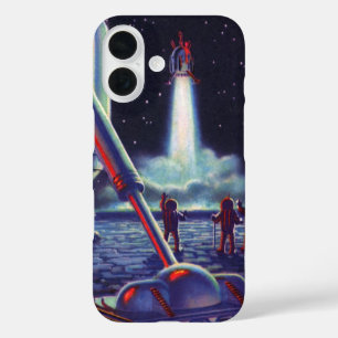 Vintage Science Fiction Aliens Wave to Rocket iPhone 16 Case