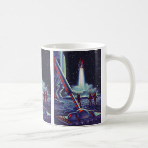 Vintage Science Fiction Aliens Wave to Rocket Coffee Mug