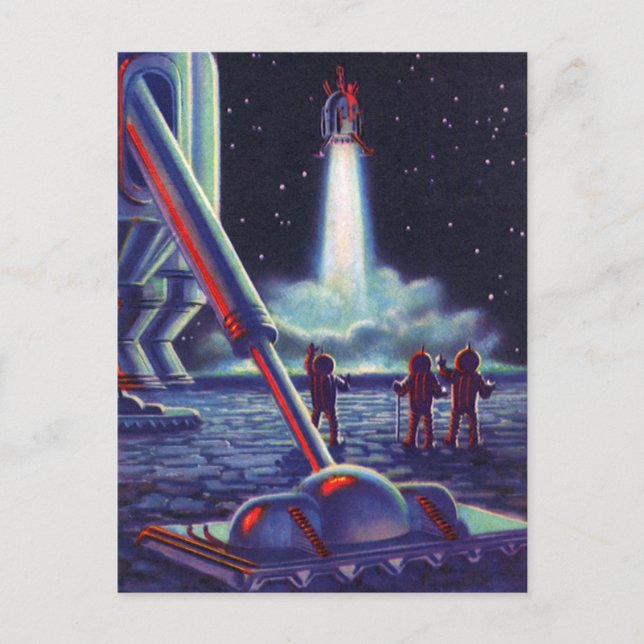 Vintage Science Fiction Aliens Wave to Rocket Postcard (Front)