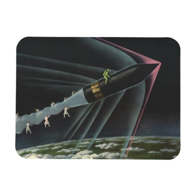 Vintage Science Fiction Astronaut Riding a Rocket Magnet (Horizontal)