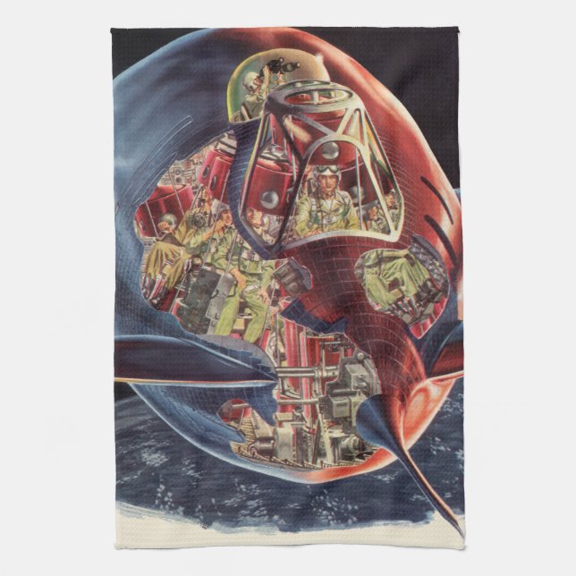 Vintage Science Fiction Astronaut Rocket Spaceship Tea Towel (Vertical)