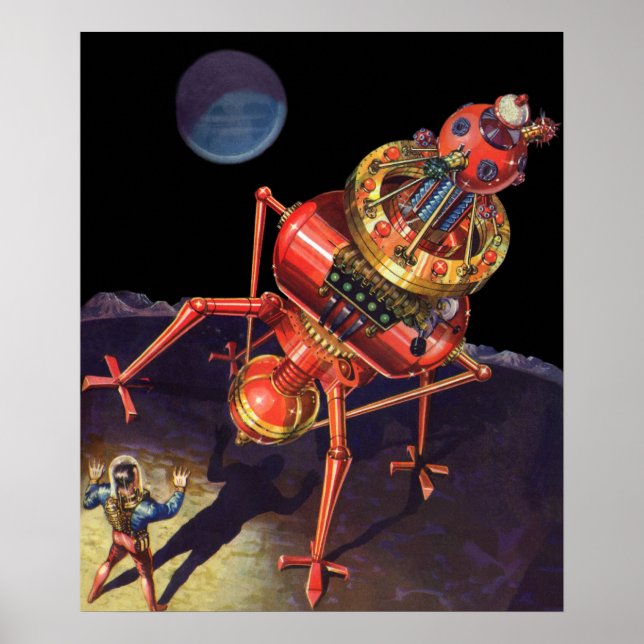 Vintage Science Fiction Astronaut with Alien Robot Poster (Front)