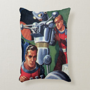 Vintage Science Fiction Astronauts Fixing a Robot Decorative Cushion