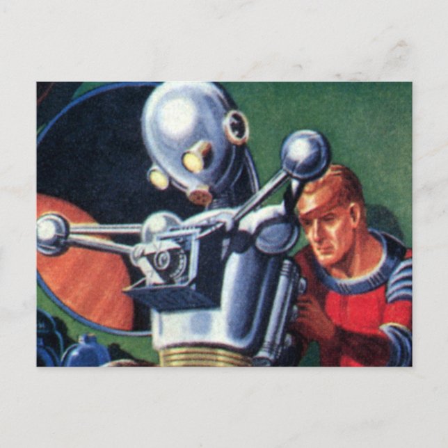 Vintage Science Fiction Astronauts Fixing a Robot Postcard (Front)