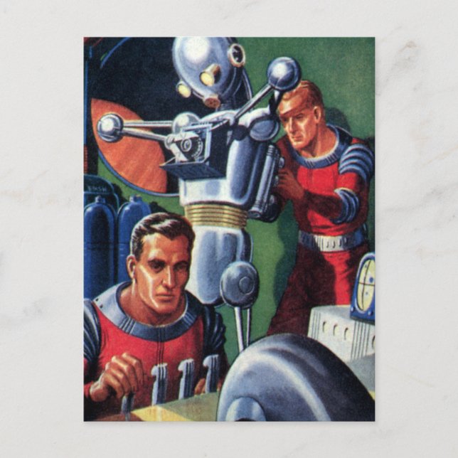 Vintage Science Fiction Astronauts Fixing a Robot Postcard (Front)