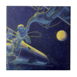 Vintage Science Fiction Astronauts in Outer Space Tile