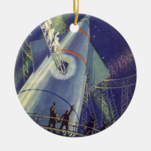 Vintage Science Fiction Astronauts on Rocket Ship Ceramic Tree Decoration
