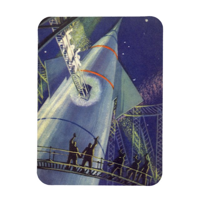 Vintage Science Fiction Astronauts on Rocket Ship Magnet (Vertical)