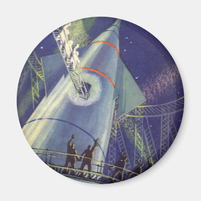 Vintage Science Fiction Astronauts on Rocket Ship Magnet (Front)
