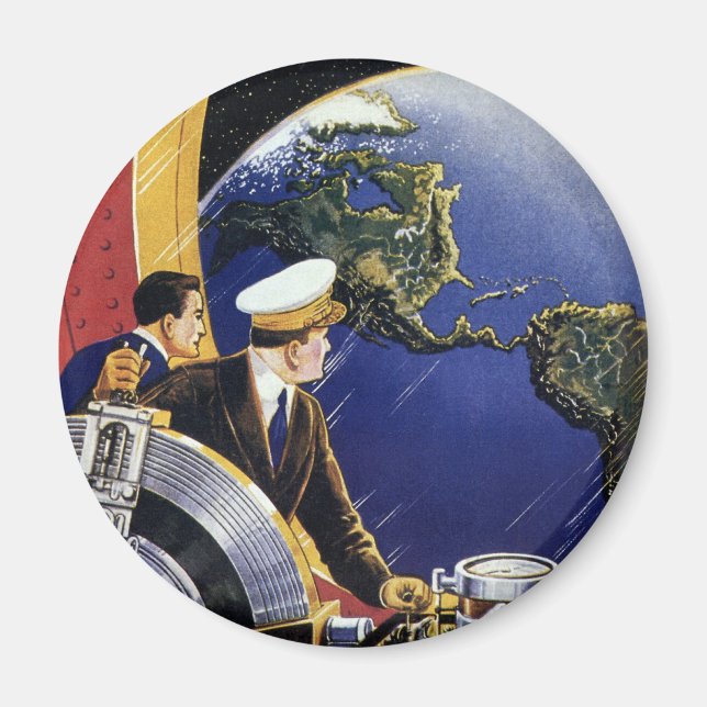 Vintage Science Fiction Astronauts Orbiting Earth Magnet (Front)