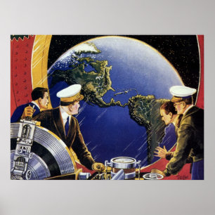 Vintage Science Fiction Astronauts Orbiting Earth Poster