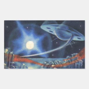 Vintage Science Fiction Blue Spaceship Over Planet Rectangular Sticker